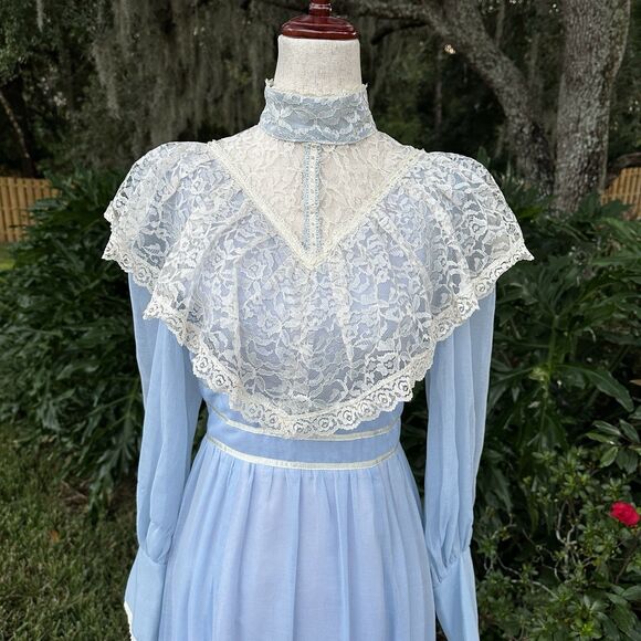 70s Candi Jones California Vintage Prairie Maxi Blue Lace High Neck Long 9 - Picture 2 of 14